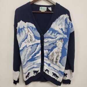 National Wildlife Womens Hand Knit Wolf Cardigan Size L Blue Cottagcore Artsy